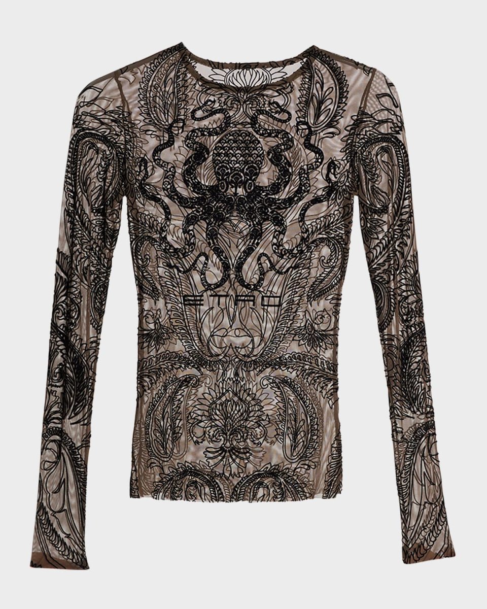 Paisley Embroidered Mesh Long-Sleeve Top